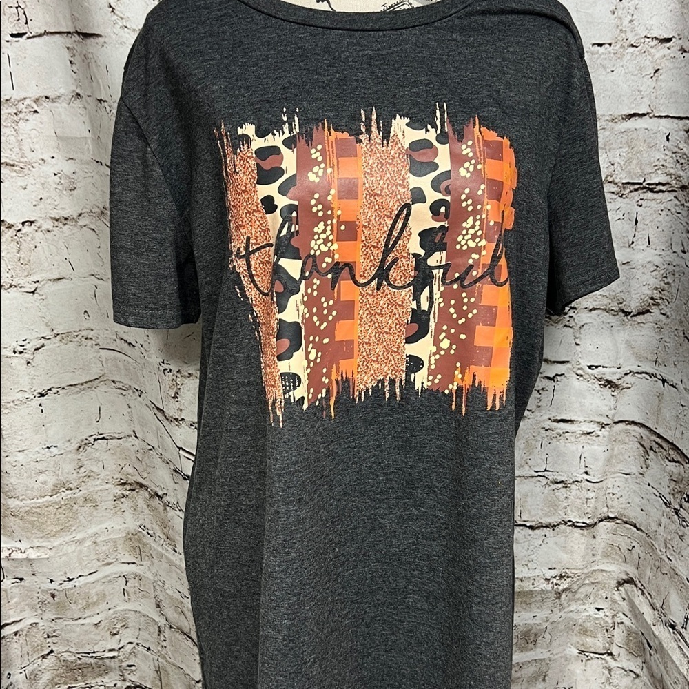 Women’s “Thankful” Graphic Tee Charcoal Gray Fall T-Shirt XXL
